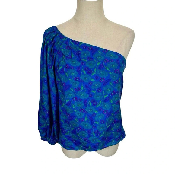 Veronica Beard Lyric One-Shoulder 100% Silk Top in Cobalt Multi Floral - Picture 6 of 14